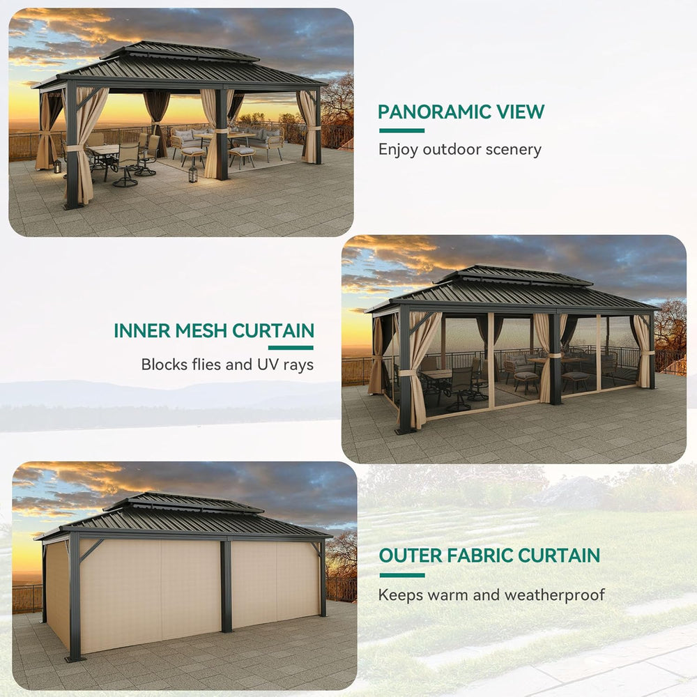 YITAHOME 12X20FT Gazebo Hard Top Patios Double Roof Aluminum Frame
