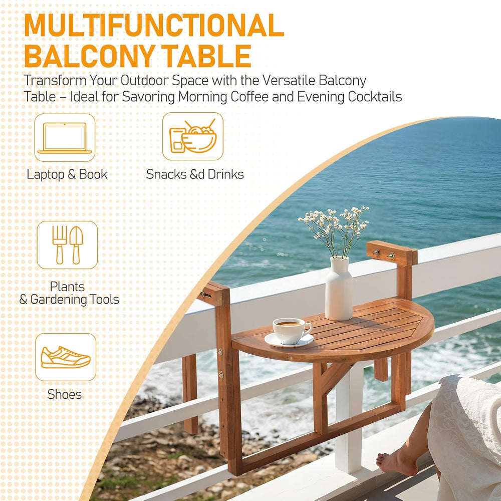 Outvita Acacia Wood Folding Balcony Bar Table, Semicircular