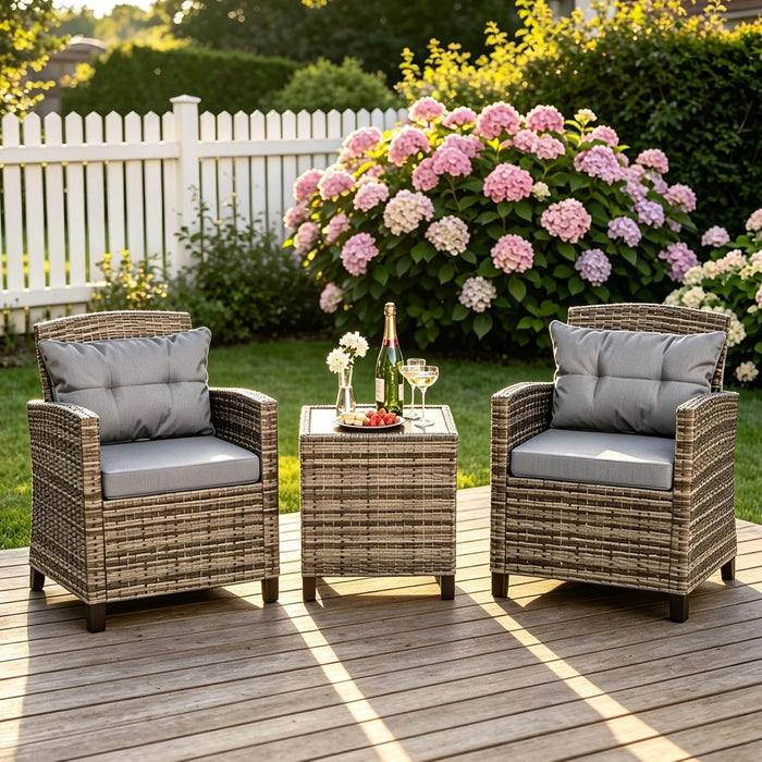 JAMFLY 3 Piece Wicker Patio Furniture Set - Outdoor Rattan Conversation Set with Soft Cushions & Glass Coffee Table for Balcony, Porch, Small Backyard - All Weather Grey Bistro Set, Grey