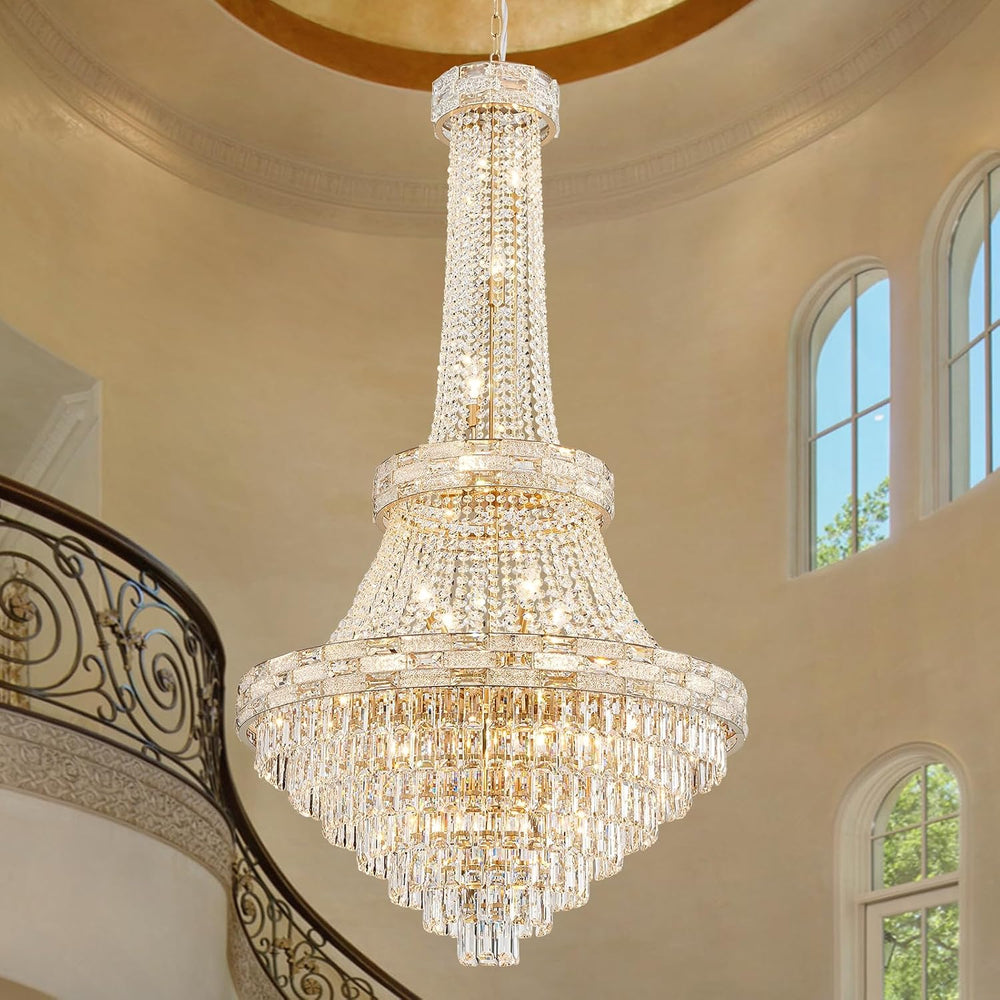 25-Light Gold Crystal Chandelier, 3-Layer High Ceiling Hanging Chandeliers Mo...