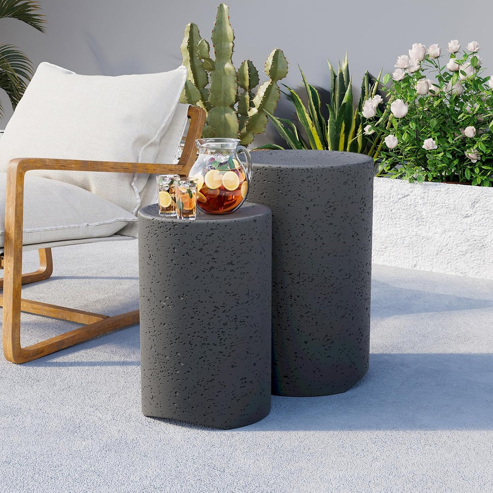 COSIEST Concrete Outdoor Side Table, Set of 2 Round End Tables, Decorative Ga...