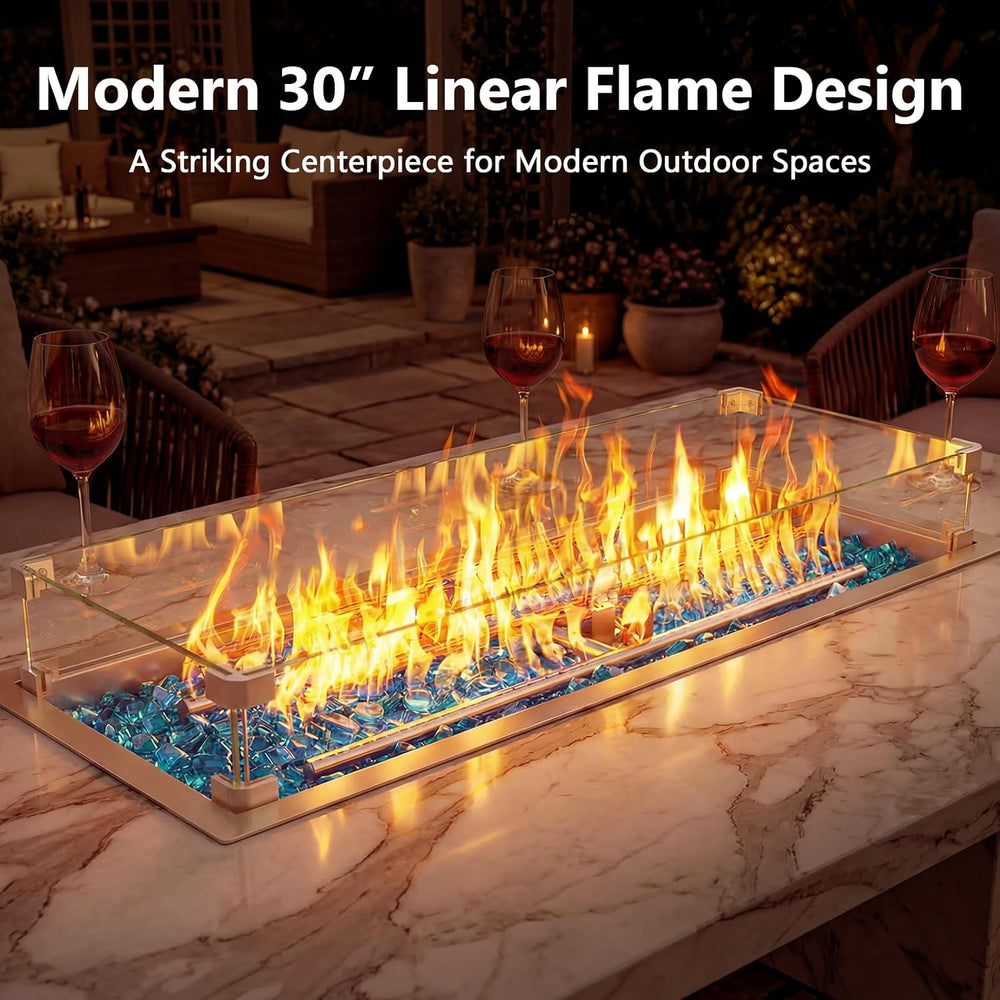 Hisencn 30 x10 Inch Drop-in Fire Pit Kit with Glass Wind Guard and Lid