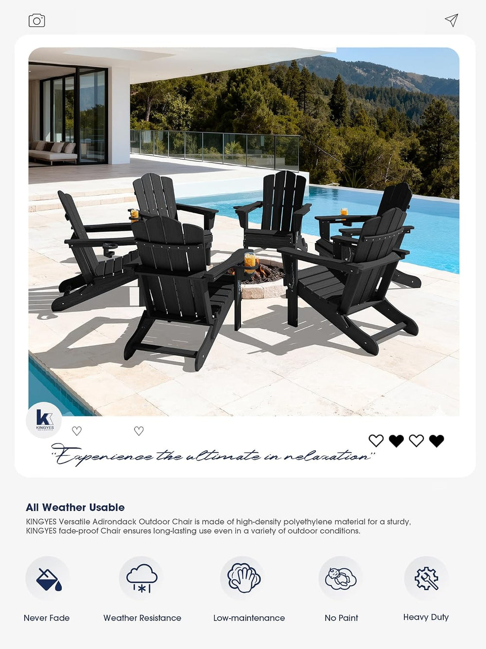 KINGYES Folding Adirondack Chair, All-Weather HDPE Material, Black, 8 Pack (4...