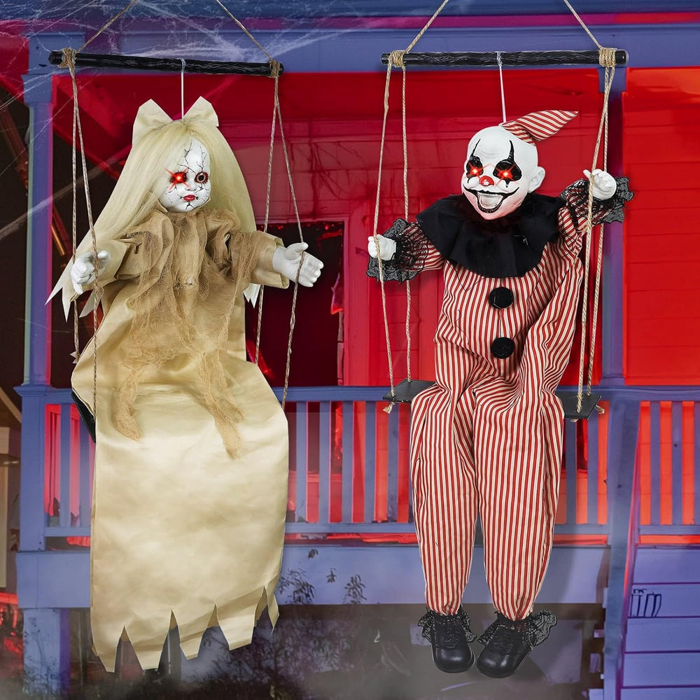 2 Pack Hanging Halloween Decorations Outdoor Swinging Clown & Girl Ghost