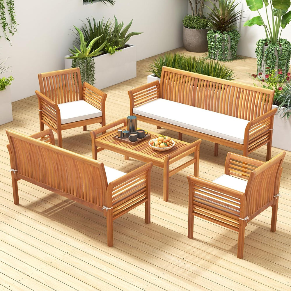 Tangkula 5 Pieces Acacia Wood Patio Furniture Set, Wood Outdoor Conversation ...