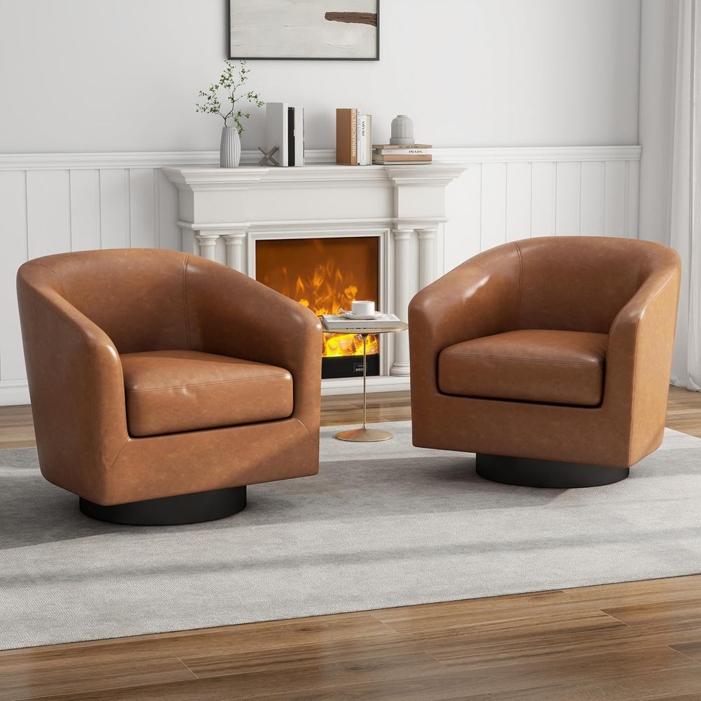 Faux Leather Swivel Accent Chairs Set of 4, Barrel Armchair, Brown