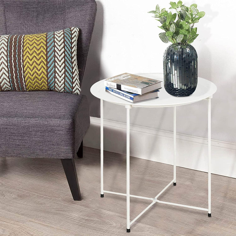 Garden 4 you End Table Metal Side Table Round Folding Tray Cyan Sofa Small Ac...