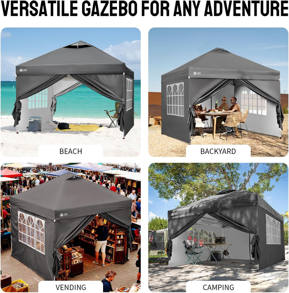 CROWN SHADES 10X10 Pop Up Canopy Tent with Sidewalls, One-Push Setup, Gray
