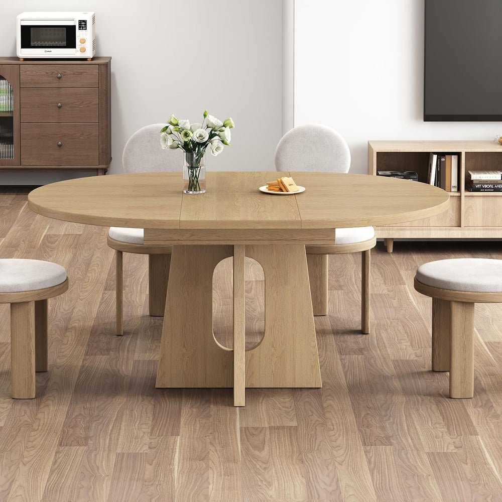 Epecoya 59-Inch Extendable Round Dining Table for Dining Room, Light Oak