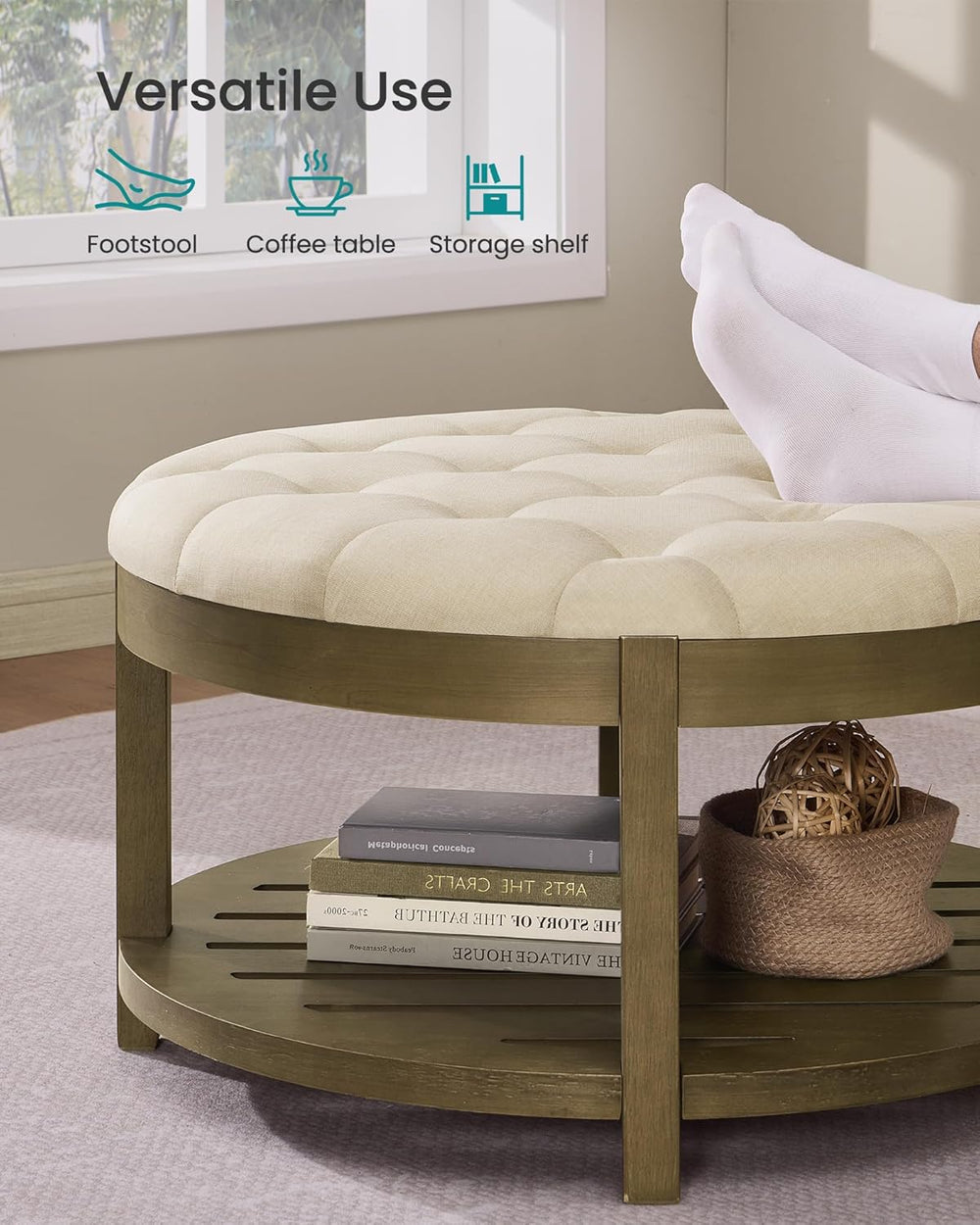 SONGMICS Storage Ottoman with Solid Wood Frame, 31.5 x 31.5 x 17.7 Inches