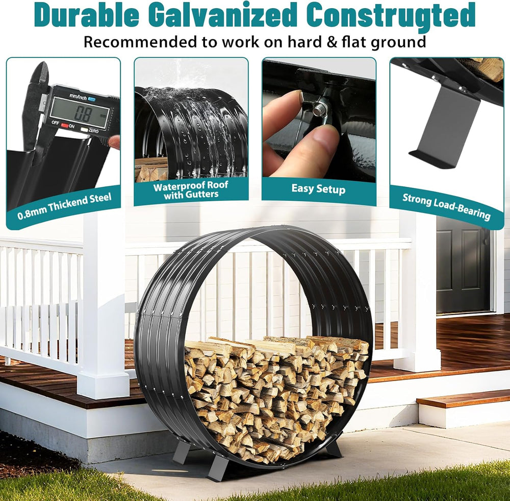 Round Heavy Duty Firewood Rack – Galvanized Wave-Shaped Steel with 4 Sturdy L...