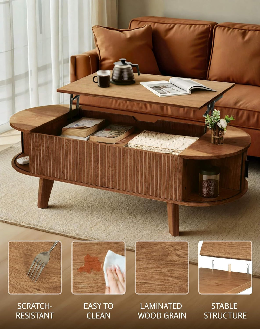 Oval Lift Top Coffee Table with Storage, 47.2" Mid Century Modern Living...