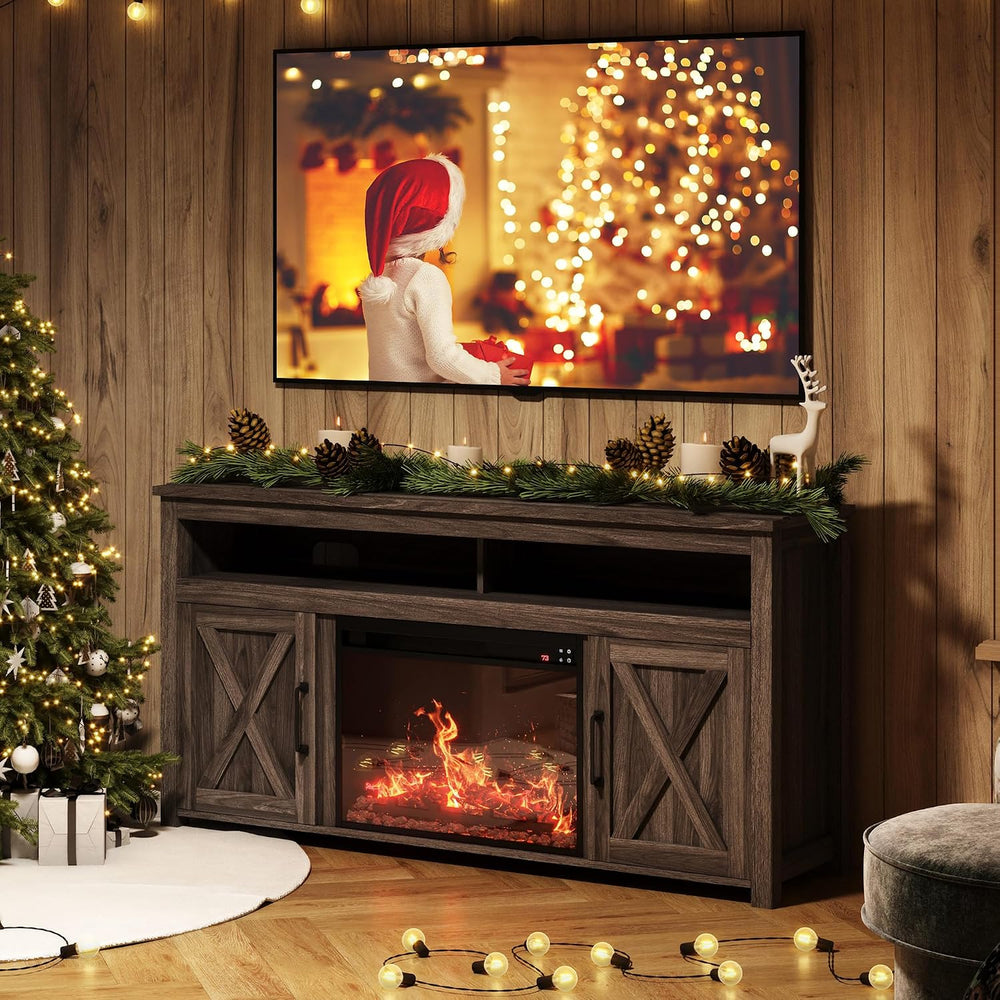 BELLEZE Corin 58" TV Stand with 23" Electric Fireplace - Dark Walnut