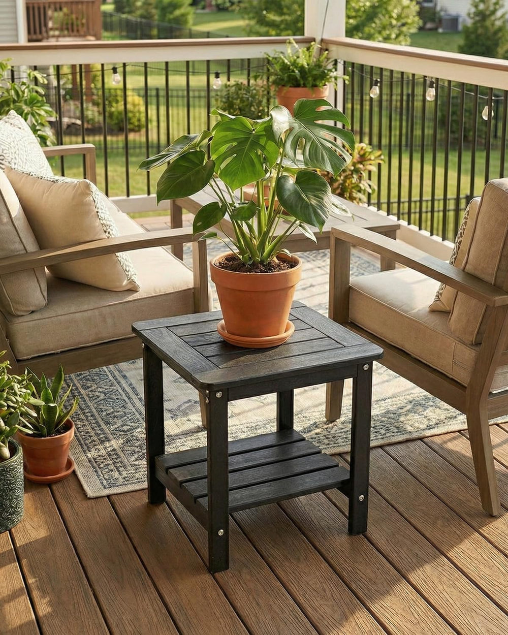 Outdoor Side Table, 2-Tier HDPE Small Patio Table, Black