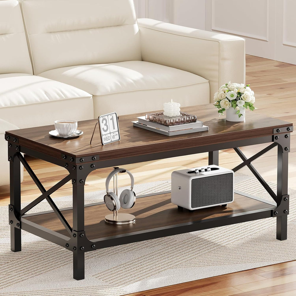 Rectangle Coffee Tables for Living Room, Wood Rectangular Coffee Table, 2 Tie...
