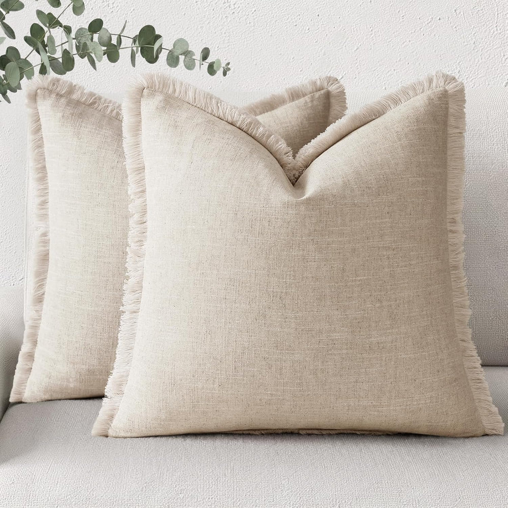 decorUhome Linen Fringe Natural Beige Throw Pillow Covers 22x22 Set of 2