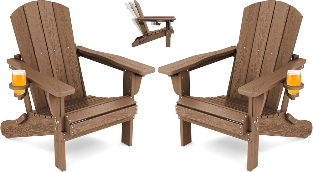 SERWALL Folding Adjustable Adirondack Chairs Set of 2, Cup Holders, Brown