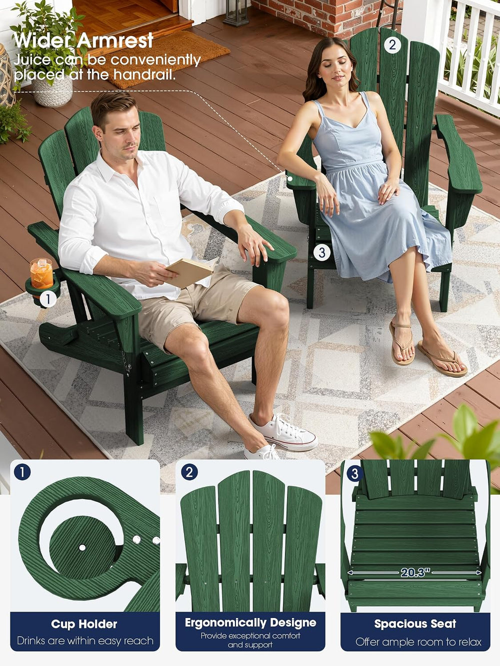 KINGYES Folding Adirondack Chair with Cup Holder, Green