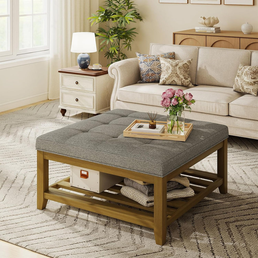Befurtori Large Square Ottoman Coffee Table, Linen Solid Upholstered Footrest...