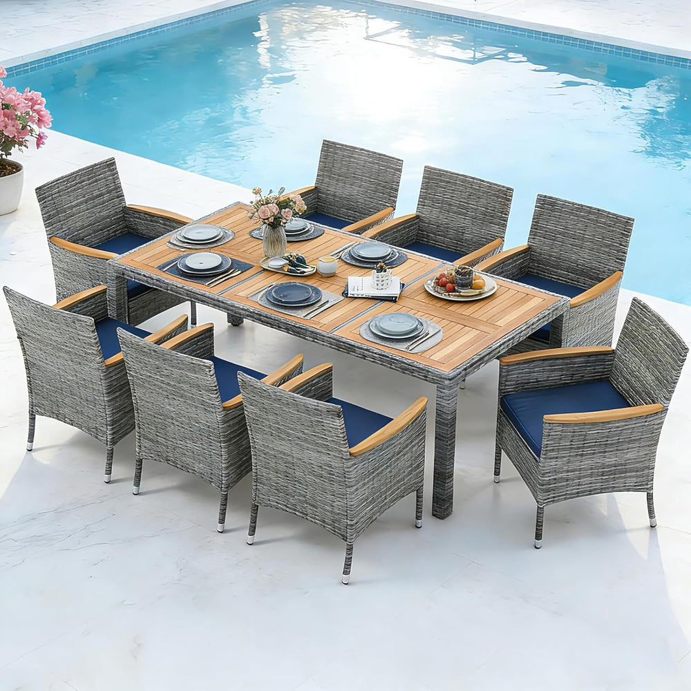 COSTWAY 9-Piece Patio Rattan Wicker Dining Set for 8 with Umbrella Hole