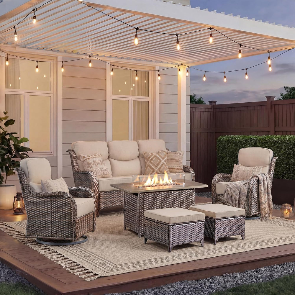 Luxury Patio Furniture Set with Fire Pit Table-6 Pieces All Weather Outdoor S...
