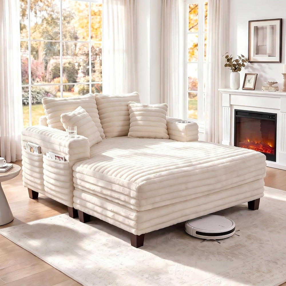 Amsleekey 64" Oversized Chaise Lounge Chair with Wood Frame, 2 Cup Holders