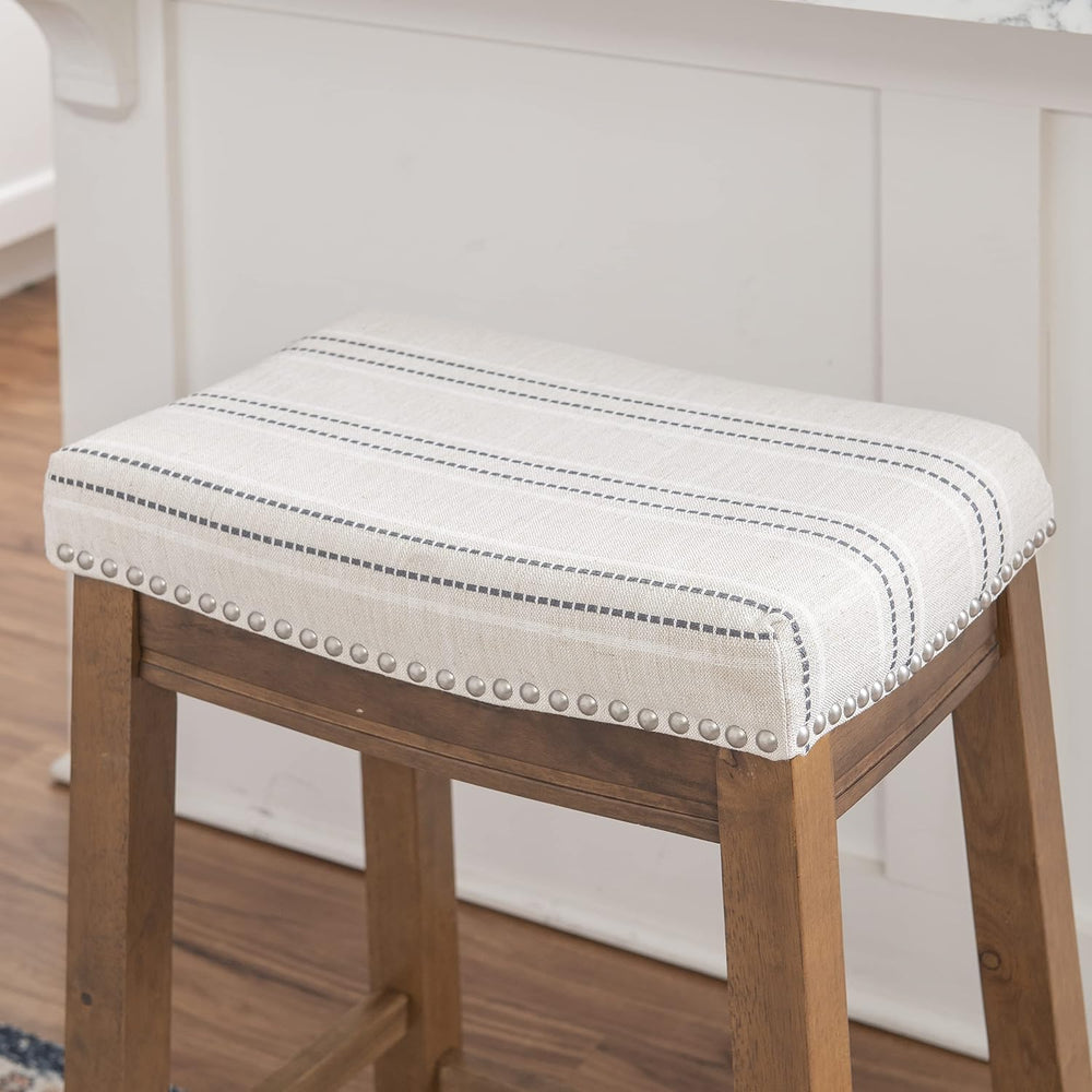 Linon Kingston Natural Wood with Upholstered Linen seat 24 Inch Seat Height B...