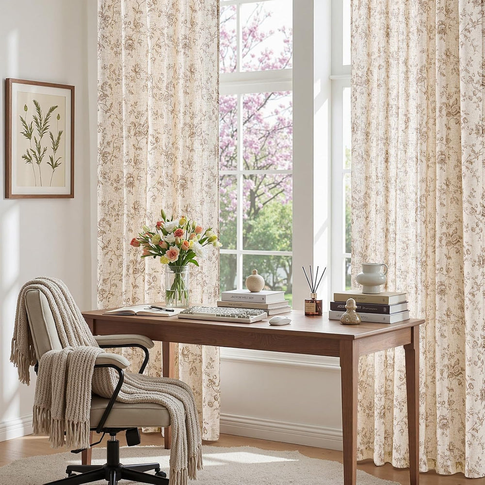 jinchan Linen Curtains 96 inch Taupe Floral Farmhouse Rod Pocket 2 Panels