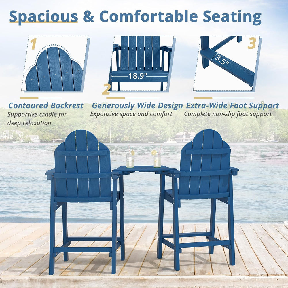 LUE BONA Tall Adirondack Chair Set of 2, HDPS Bar Height Chairs, Navy Blue