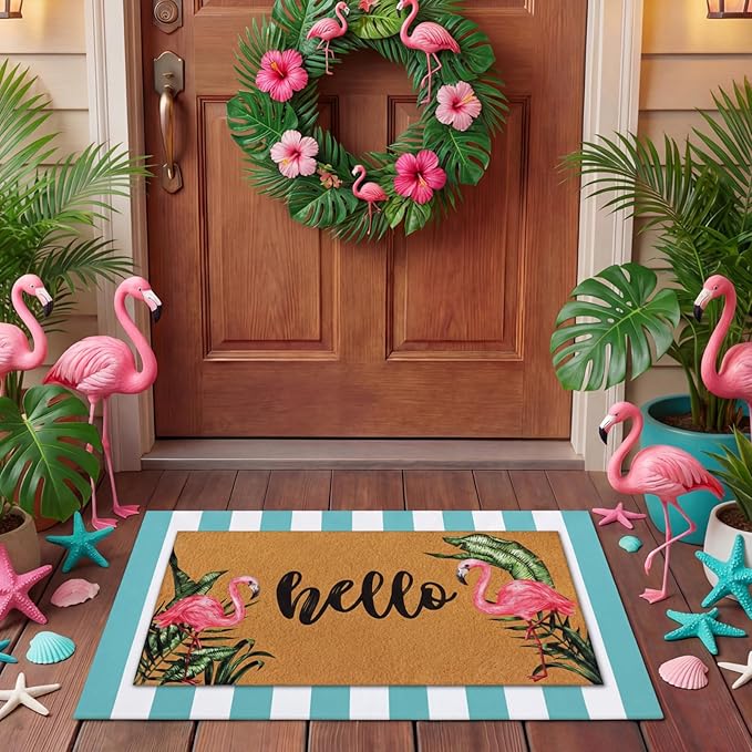 Tinideya 2 Pcs Summer Door Mat Flamingo Welcome Non Slip Coir Hello Mats Floo...