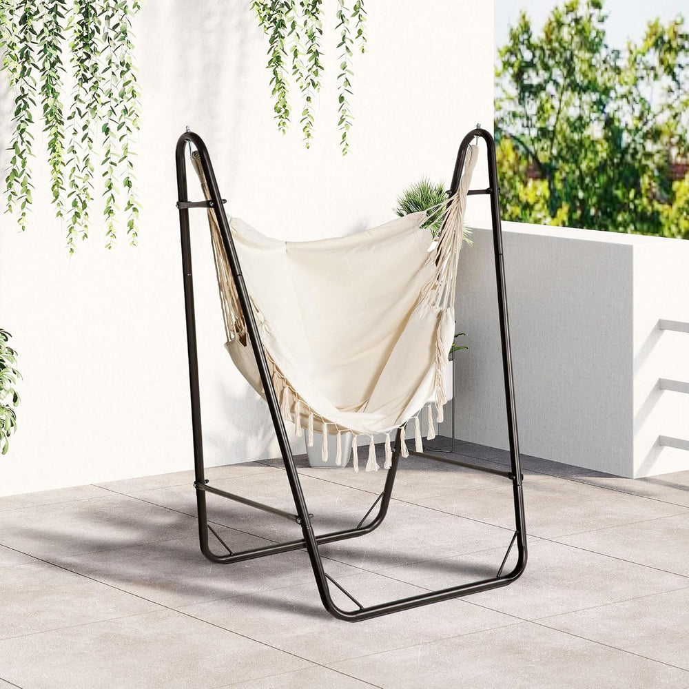 Outsunny Patio Hammock Chair Outdoor with U Shape Stand Brown/Cream White
