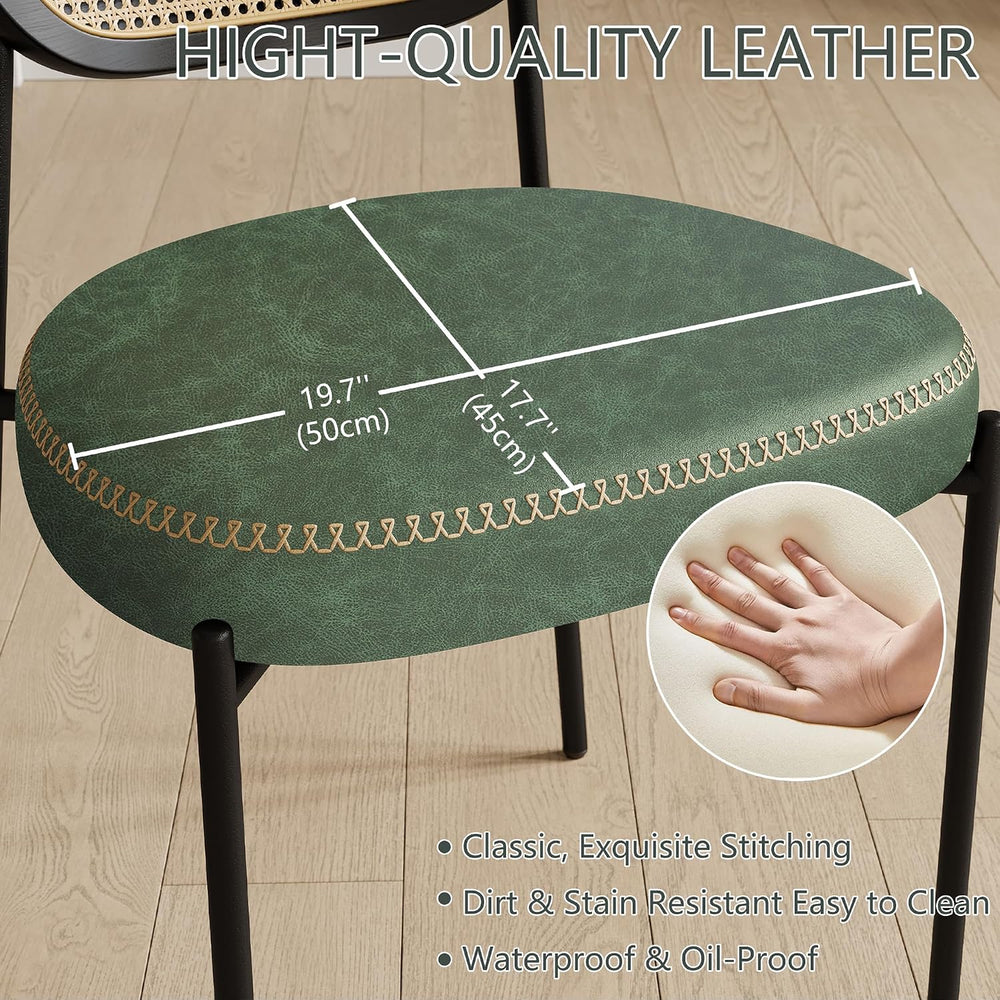 Rattan Dining Chairs Set of 4, Green Leather Upholstered Dining Chairs with R...