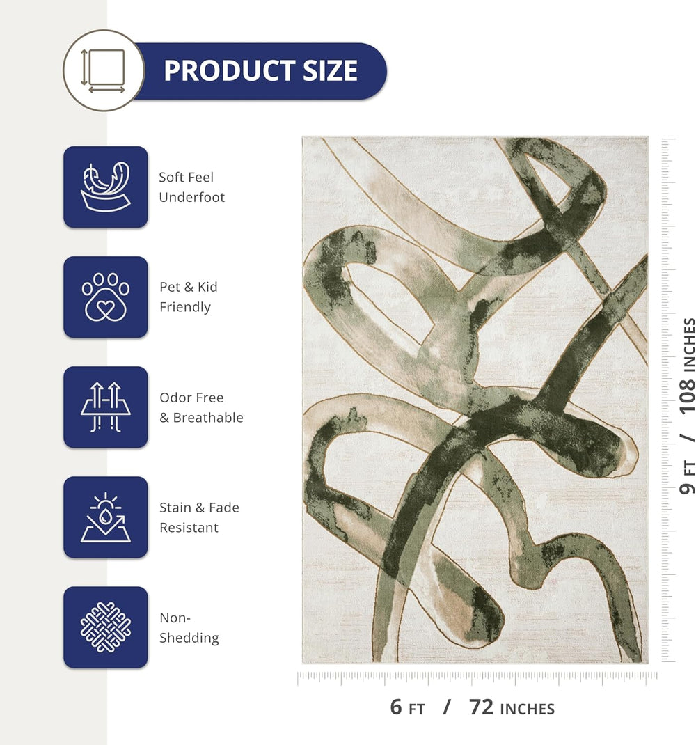 Abani Beige Cream Green Graffiti Washable Area Rug – 6' x 9' – Abstra...