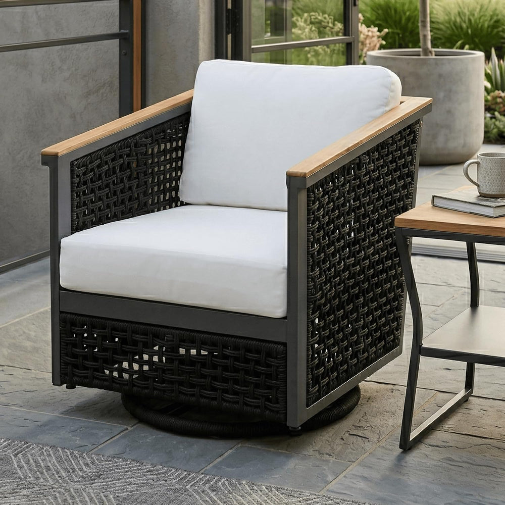 East Green Linden Teak and Aluminum Patio Swivel Chair with Cushions - Weathe...