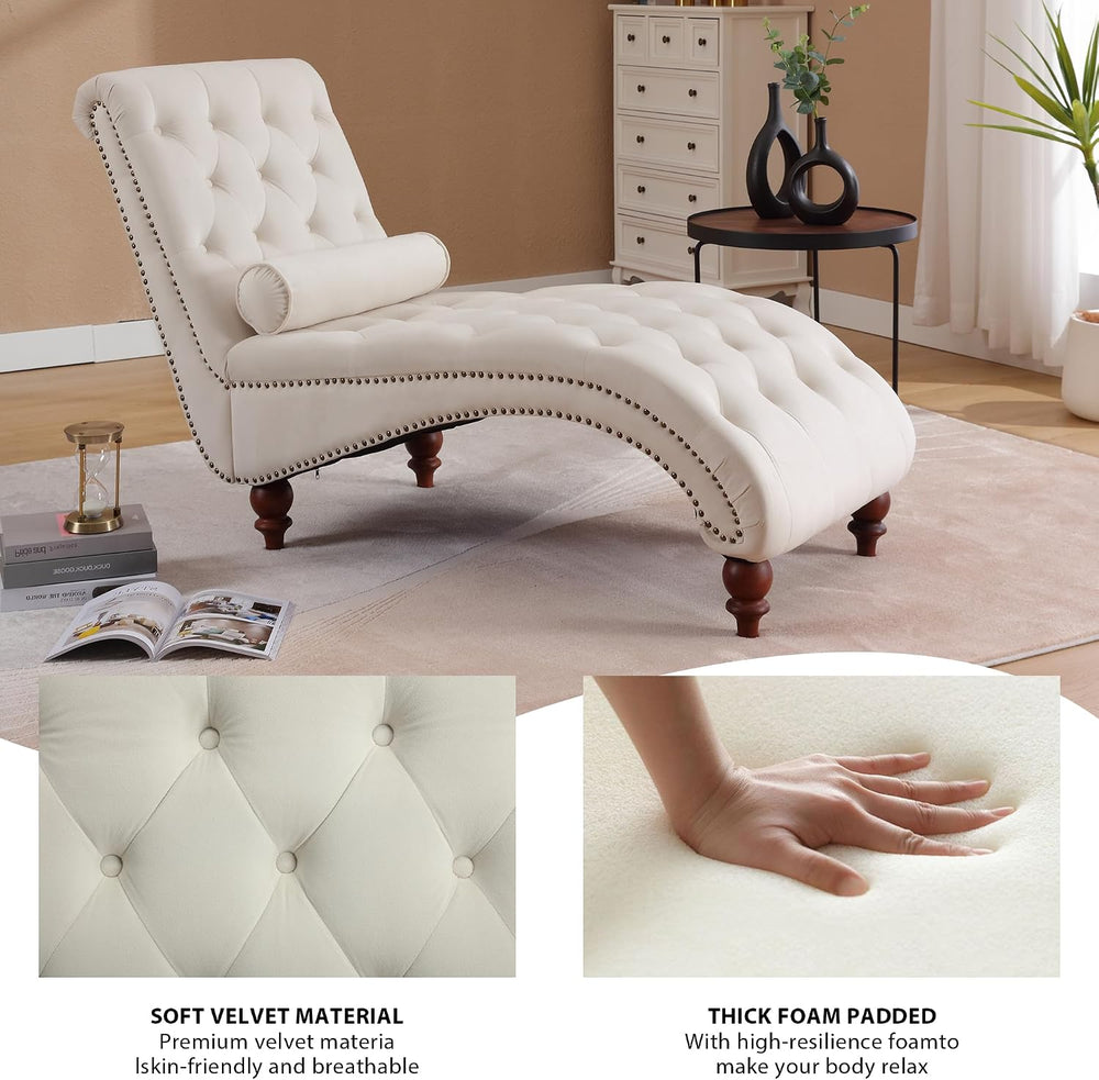 Button-Tufted Chaise Lounge Indoor, Velvet Chaise Lounge Chair with Legs &...