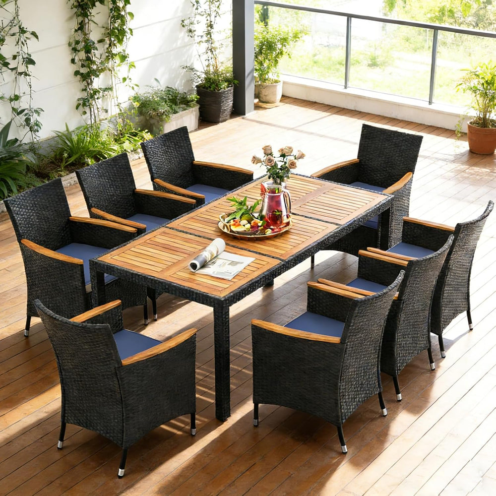 COSTWAY 9-Piece Patio Rattan Wicker Dining Set for 8 with Umbrella Hole