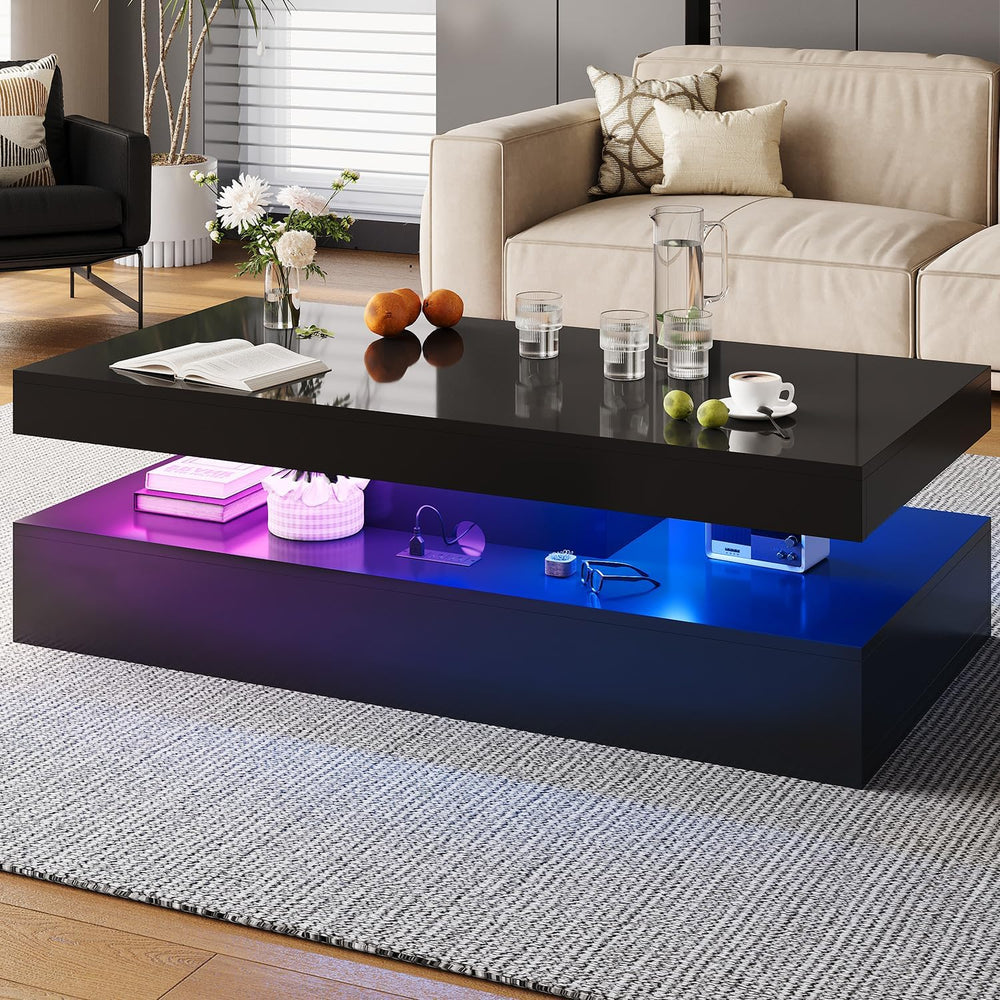 47" High-Glossy LED Coffee Table with 2 Sliding Drawers,Black