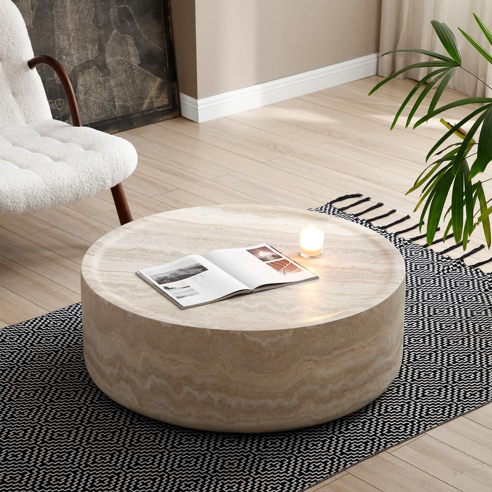 ø31.5'' Round Stone Coffee Table for Living Room, Modern Drum Circle ...