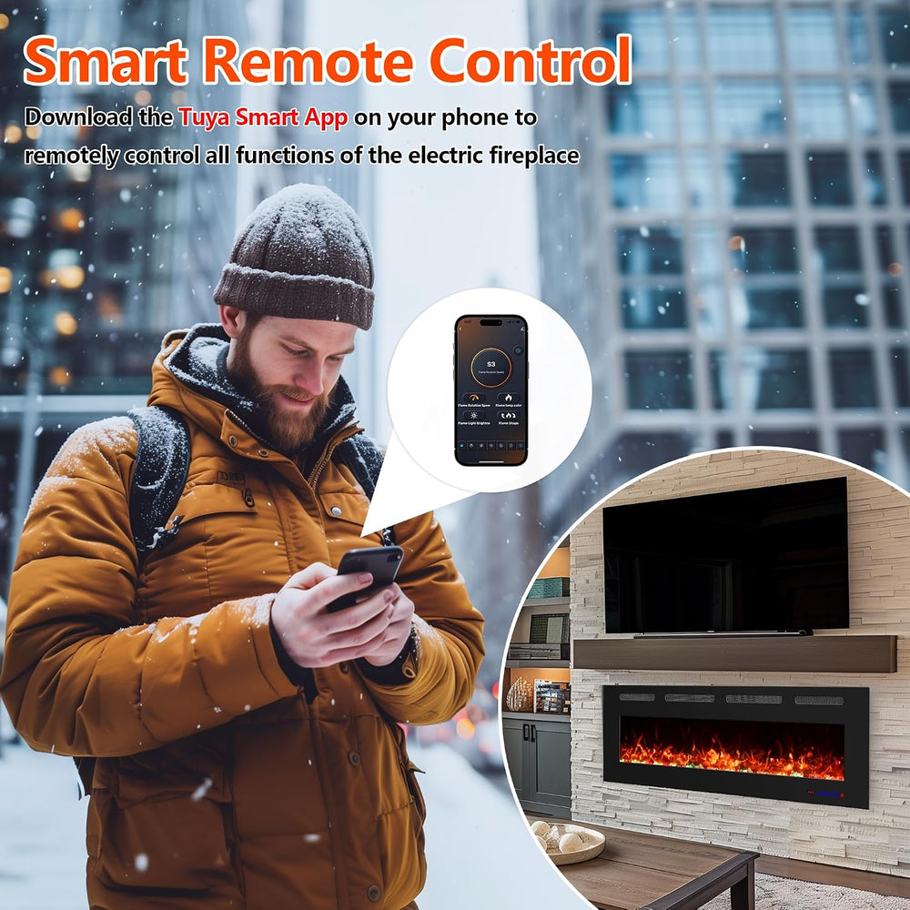 72" Ultra-Thin Electric Fireplace, Recessed/Wall, WiFi App, Black