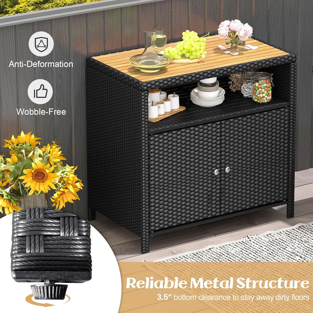 Tangkula Rattan Outdoor Storage Cabinet, Patiojoy Outdoor Cabinet with Acacia...