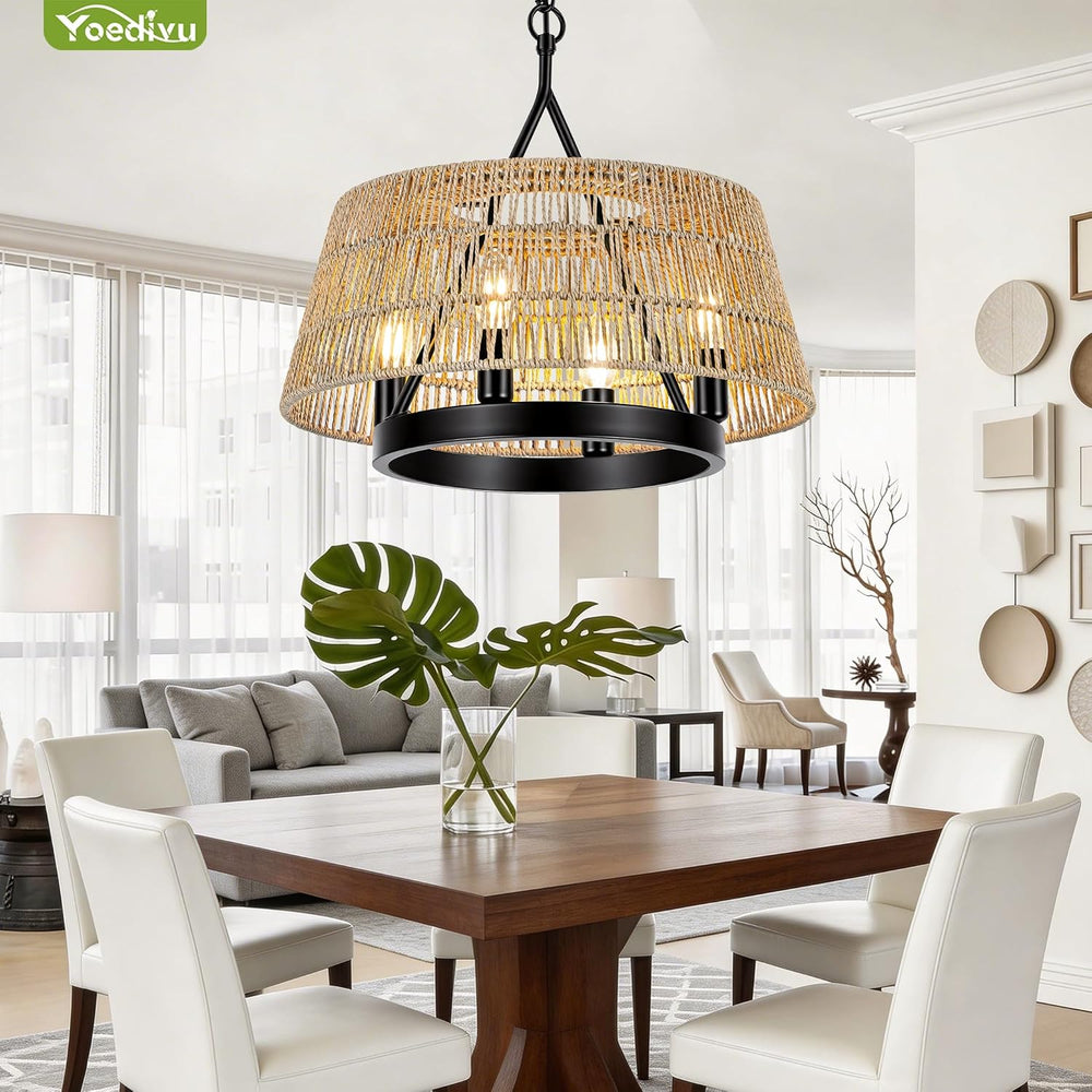 18 Inch 4-Light Boho Rattan Chandelier, Hand Woven Farmhouse Chandelier Ratta...