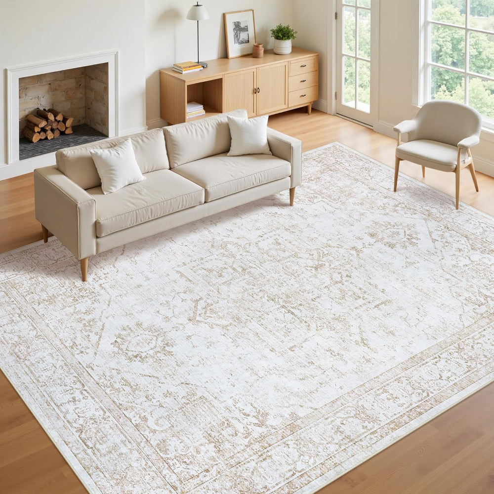 10x14 Washable Area Rugs for Living Room Beige Non-Slip Rug