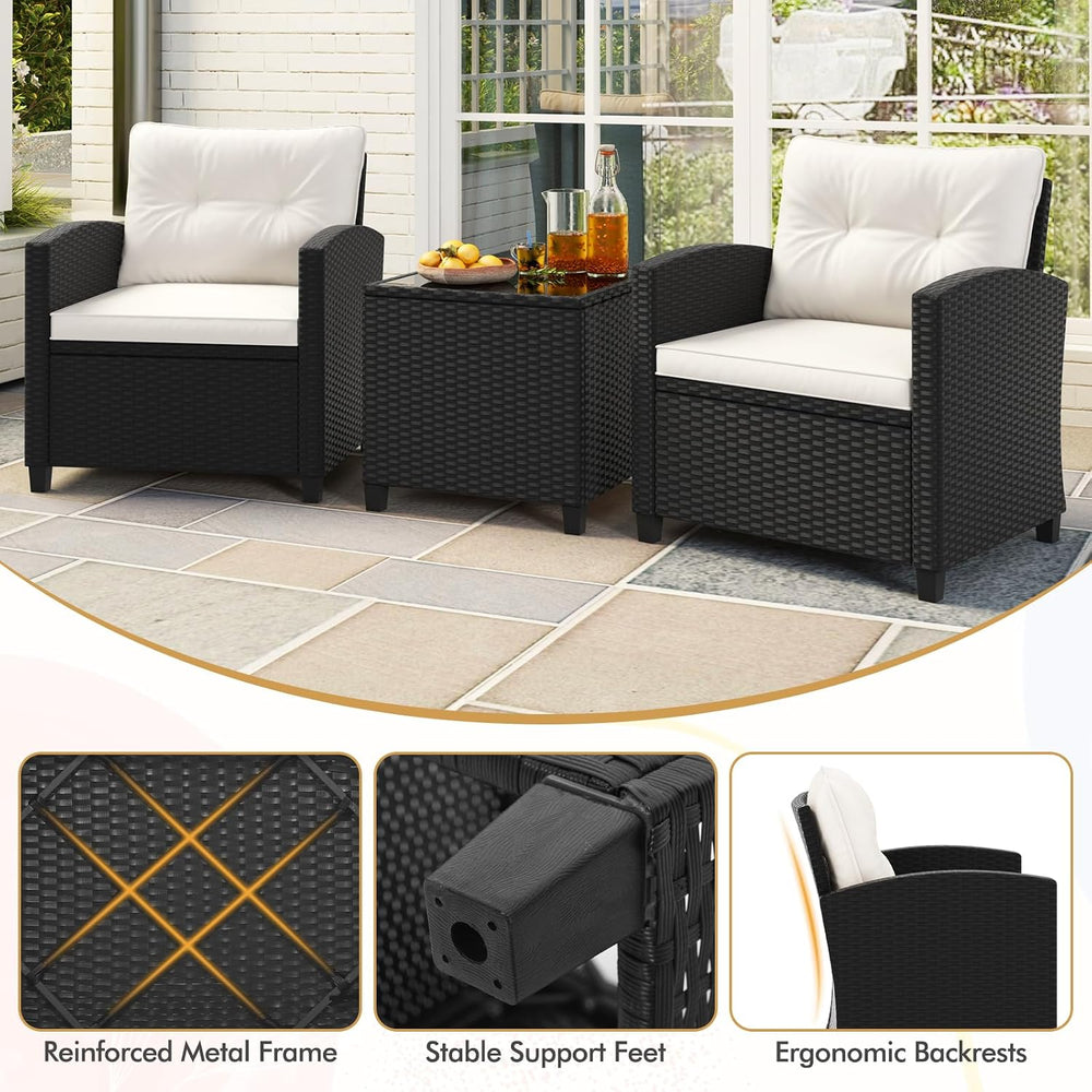HAPPYGRILL 3 Pieces Wicker Patio Conversation Set, PE Rattan Bistro Sofa Set ...