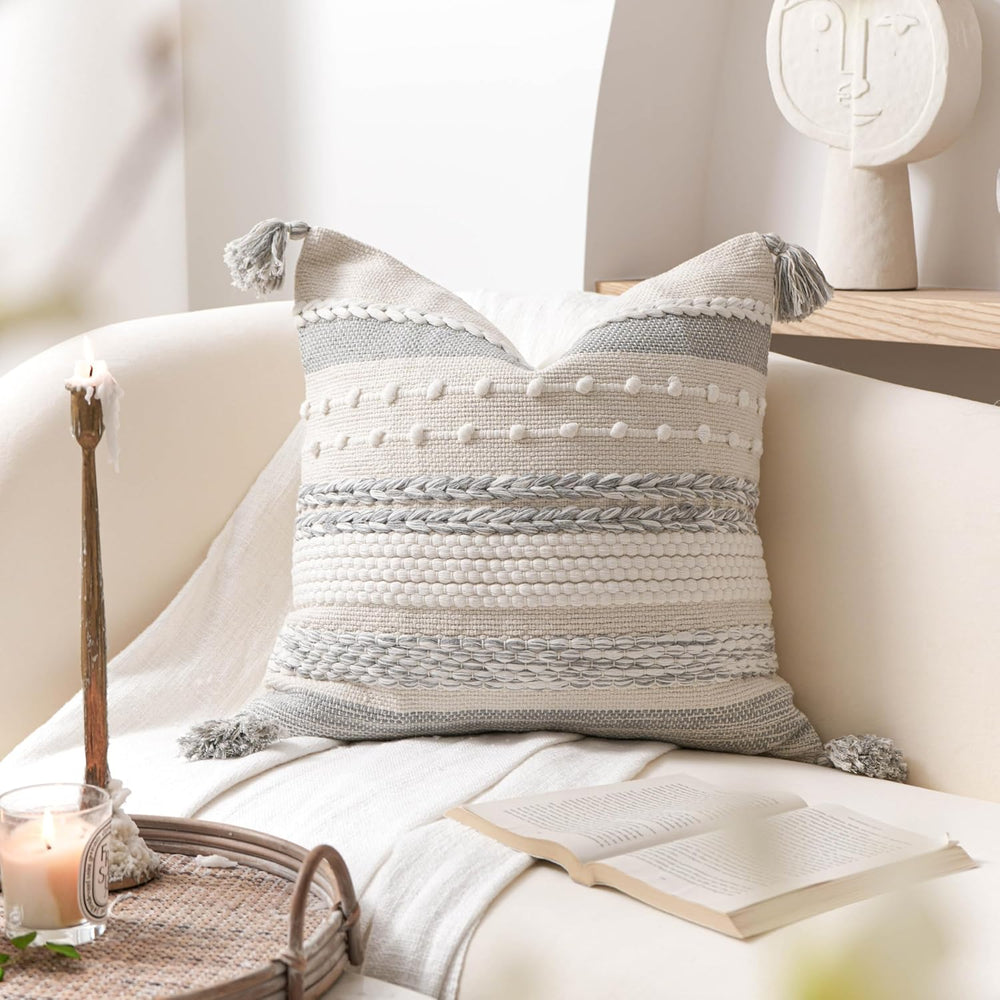 BlissBlush Gray Boho Decorative Throw Pillow Cover 20x20 Square Farmhouse Acc...