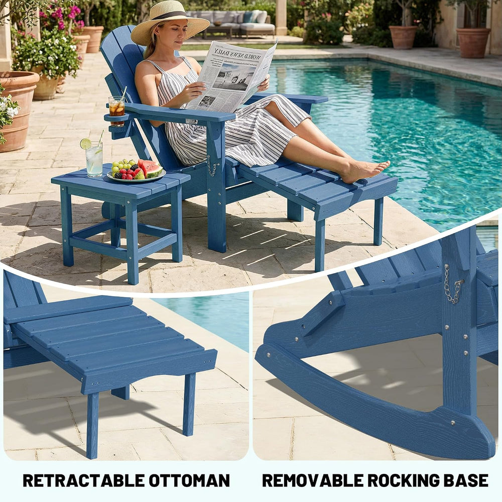 PLUUV Folding Adirondack Rocking Chair with Retractable Ottoman, Navy Blue