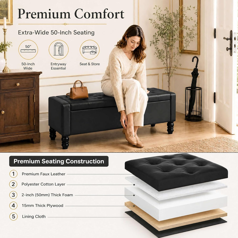 50 Inch Faux Leather Storage Ottoman Bench for Bedroom End of Bed
