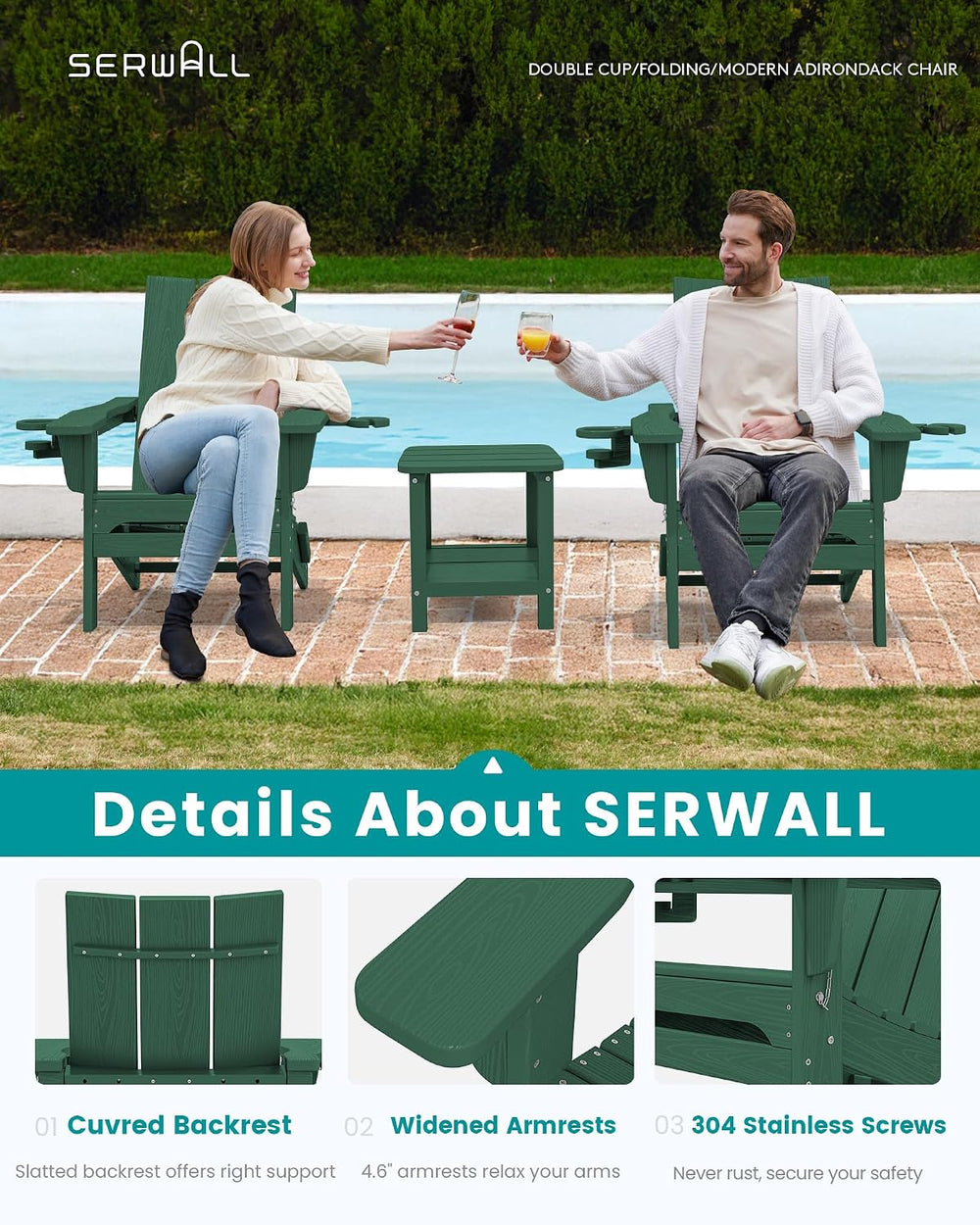 SERWALL Modern Folding Adirondack Chairs Set of 2, HDPE, Cup Holders, Green