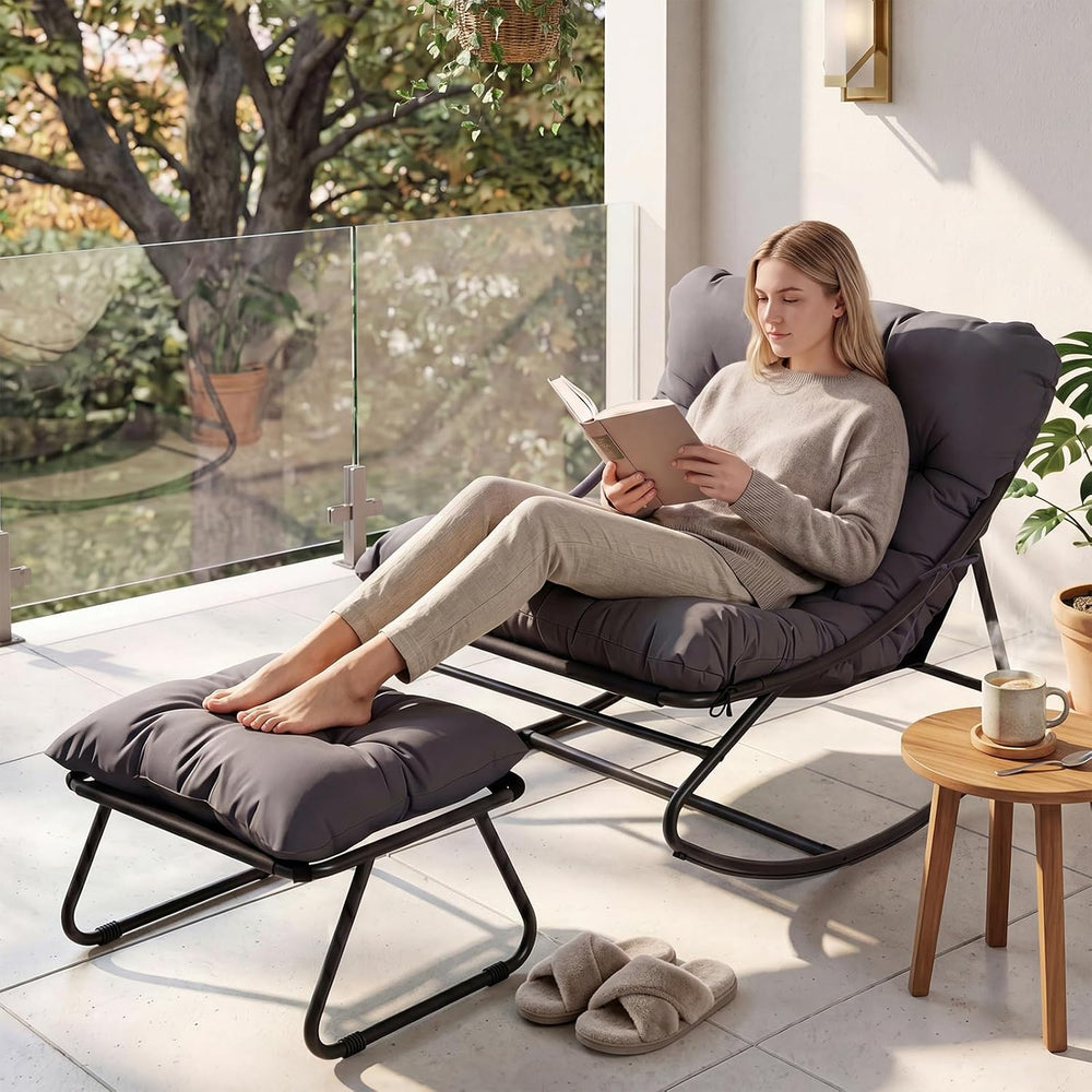 Aoxun Outdoor Rocking Chair with Ottmans, Cozy Papasan Rocking Chair with Thi...