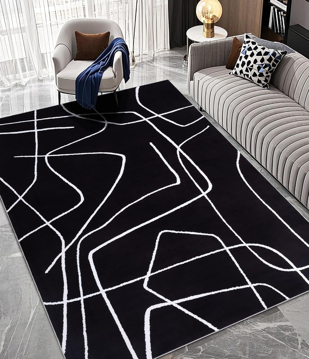 YIHOUSE Modern Washable Area Rug for Living Room Bedroom - Large Abstract Bla...