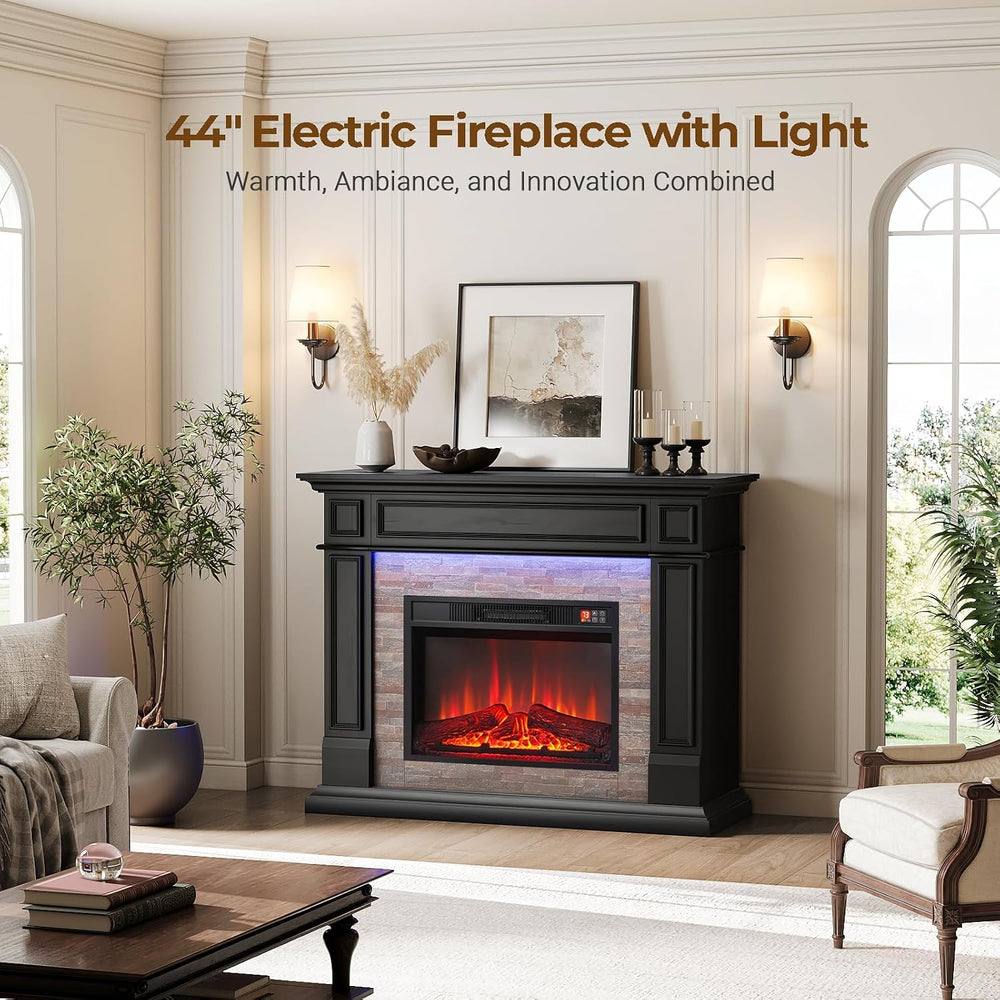 LGHM 44" LED Freestanding Electric Fireplace, Stacked Stone, Black